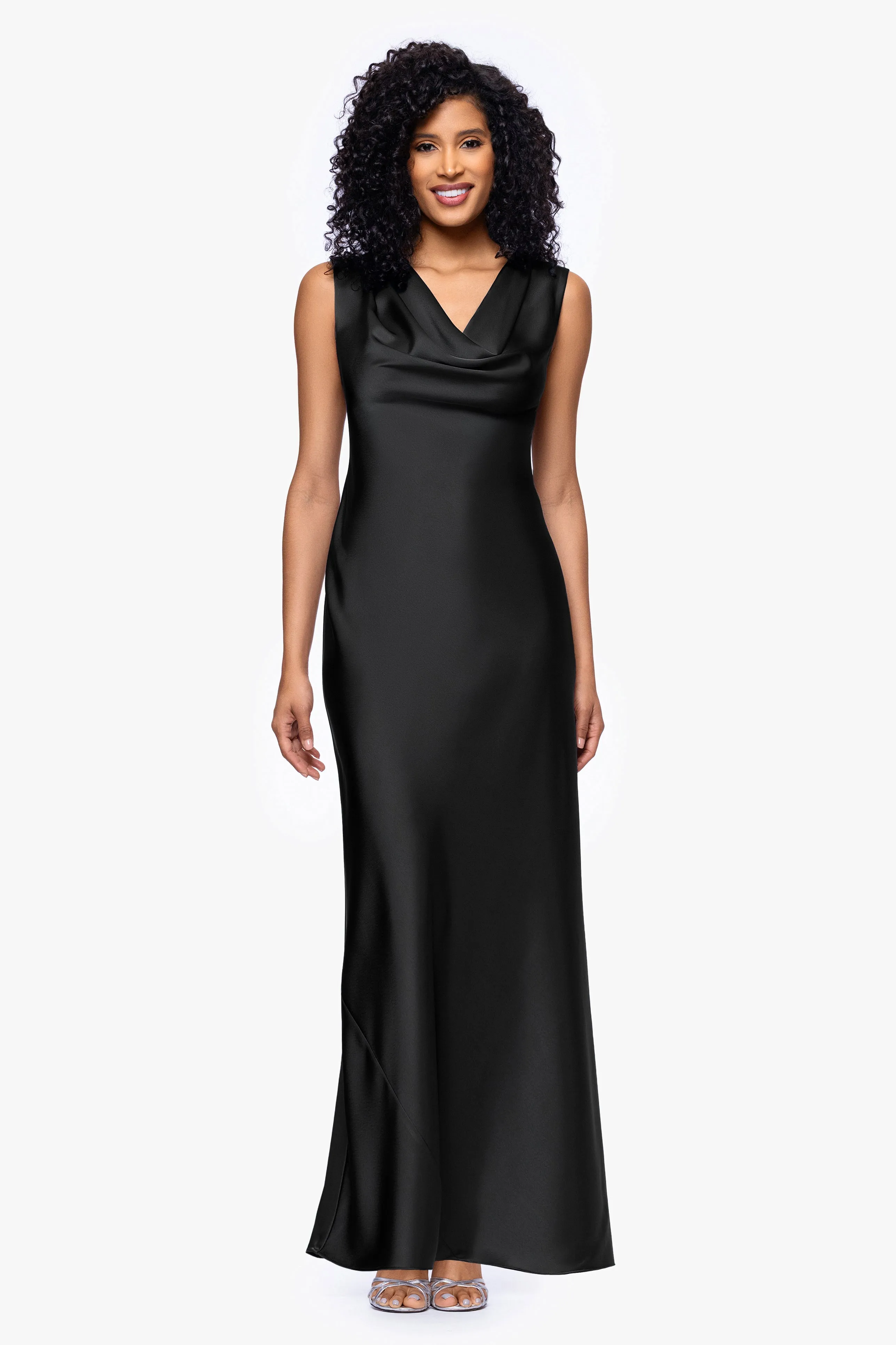 Petite "Amberly" Satin Drape Neck Dress sold by Betsy & Adam