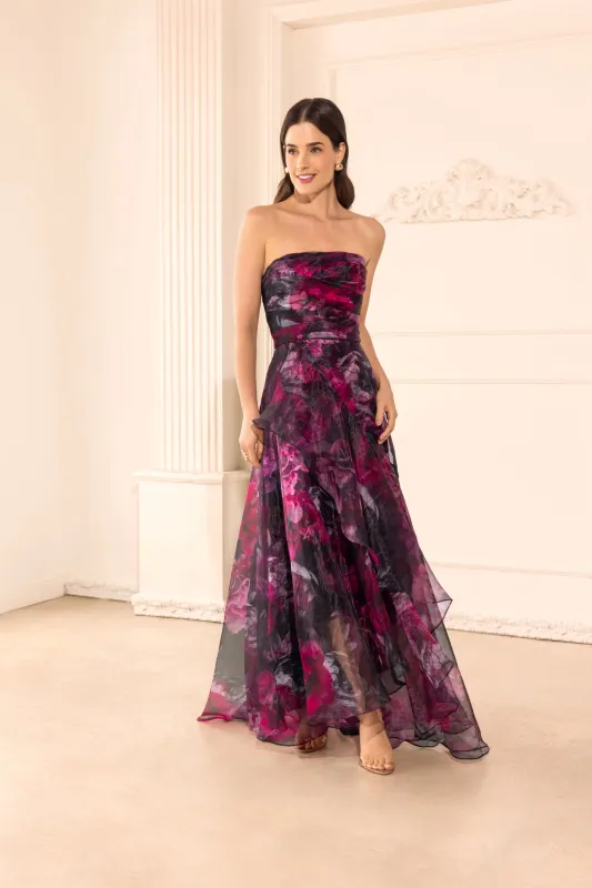 "Klara" Printed Organza Strapless Dress made by Betsy & Adam