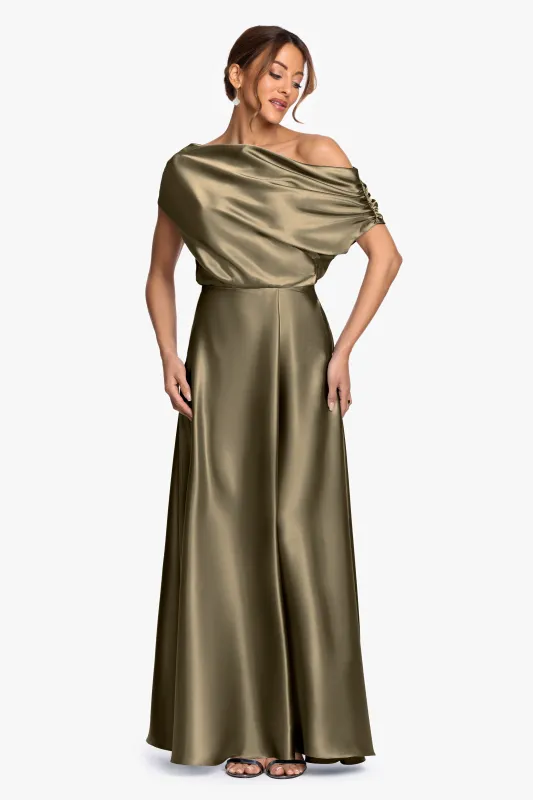 "Soley" Satin Off The Shoulder Ruched Gown made by Betsy & Adam