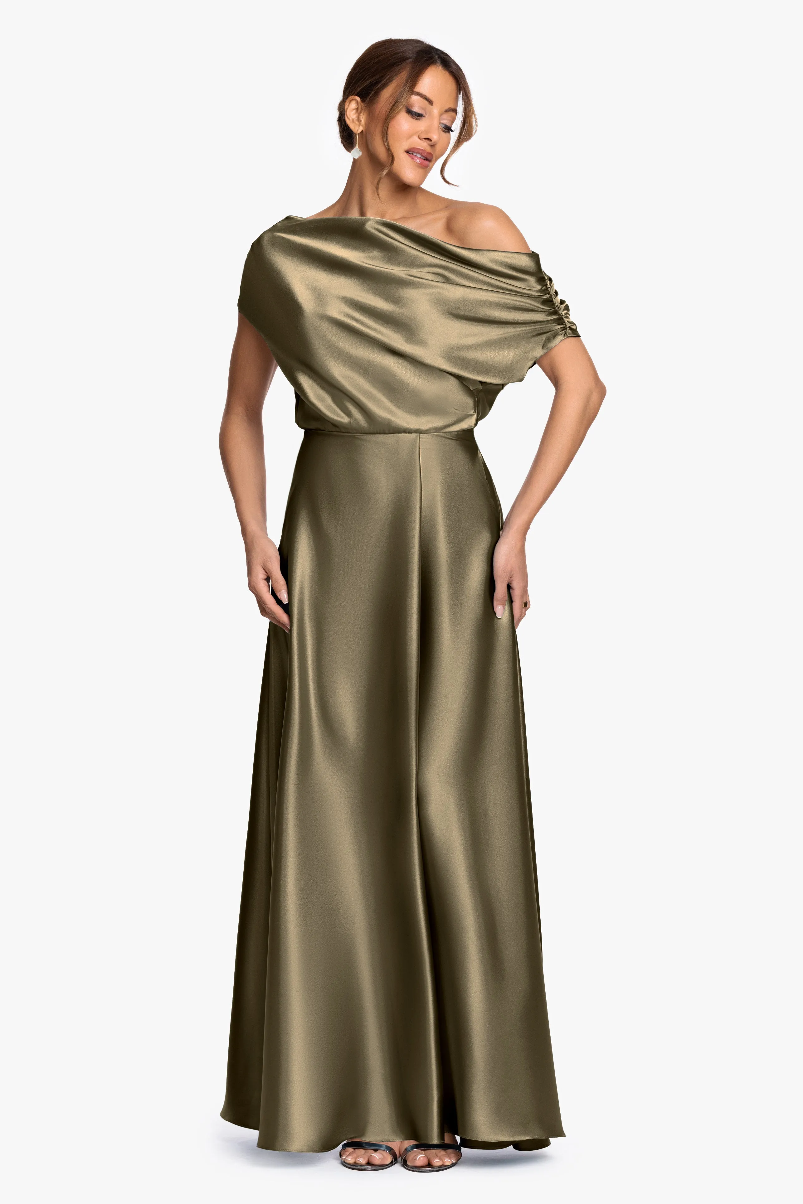 "Soley" Satin Off The Shoulder Ruched Gown sold by Betsy & Adam