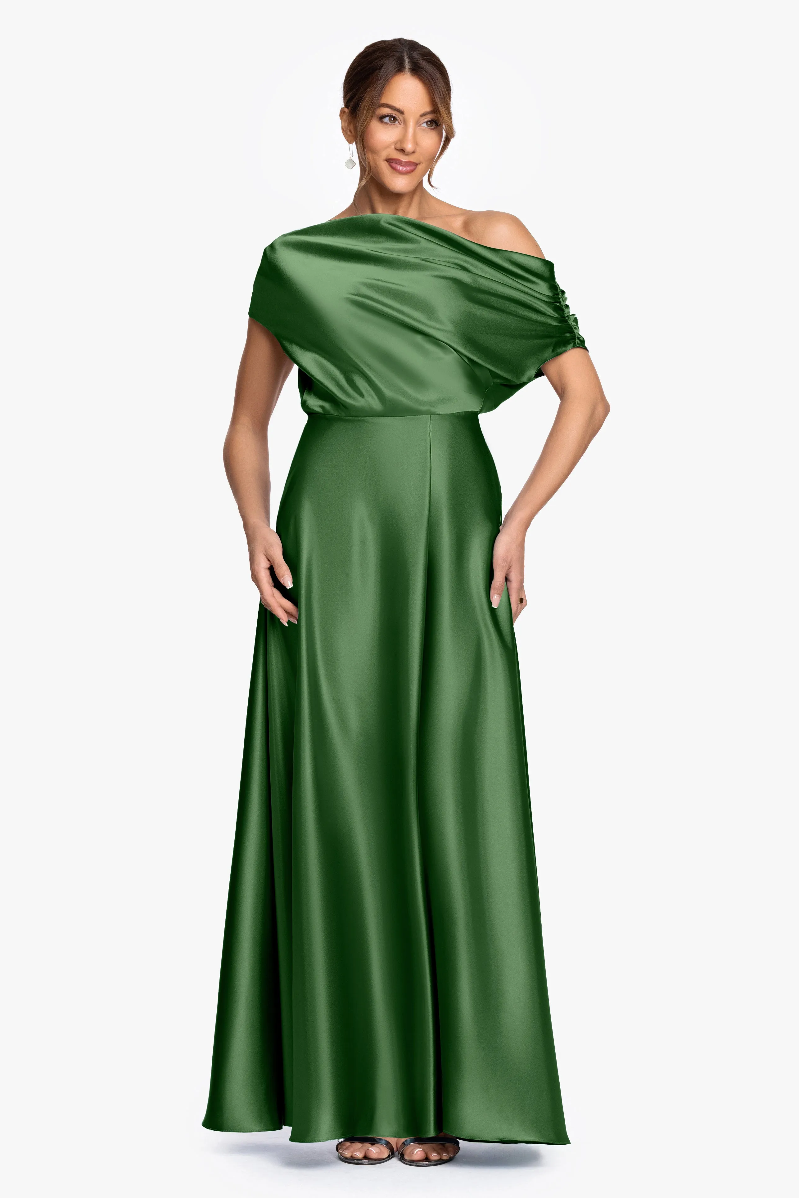 "Soley" Satin Off The Shoulder Ruched Gown sold by Betsy & Adam