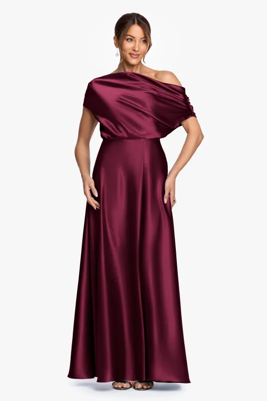 "Soley" Satin Off The Shoulder Ruched Gown made by Betsy & Adam