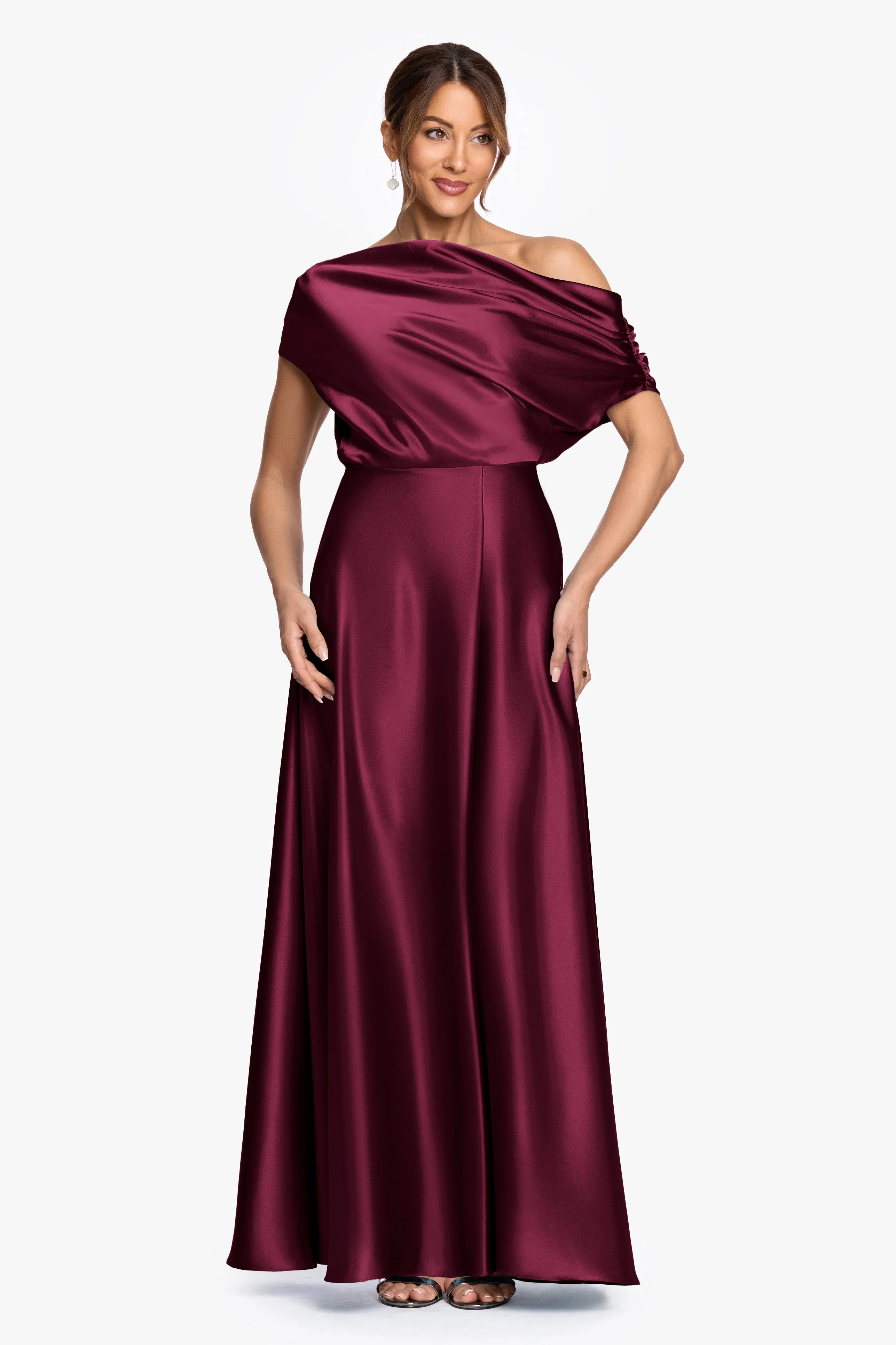 "Soley" Satin Off The Shoulder Ruched Gown sold by Betsy & Adam