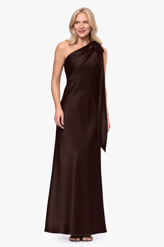 "Dove" Satin One Shoulder Bow Dress made by Betsy & Adam