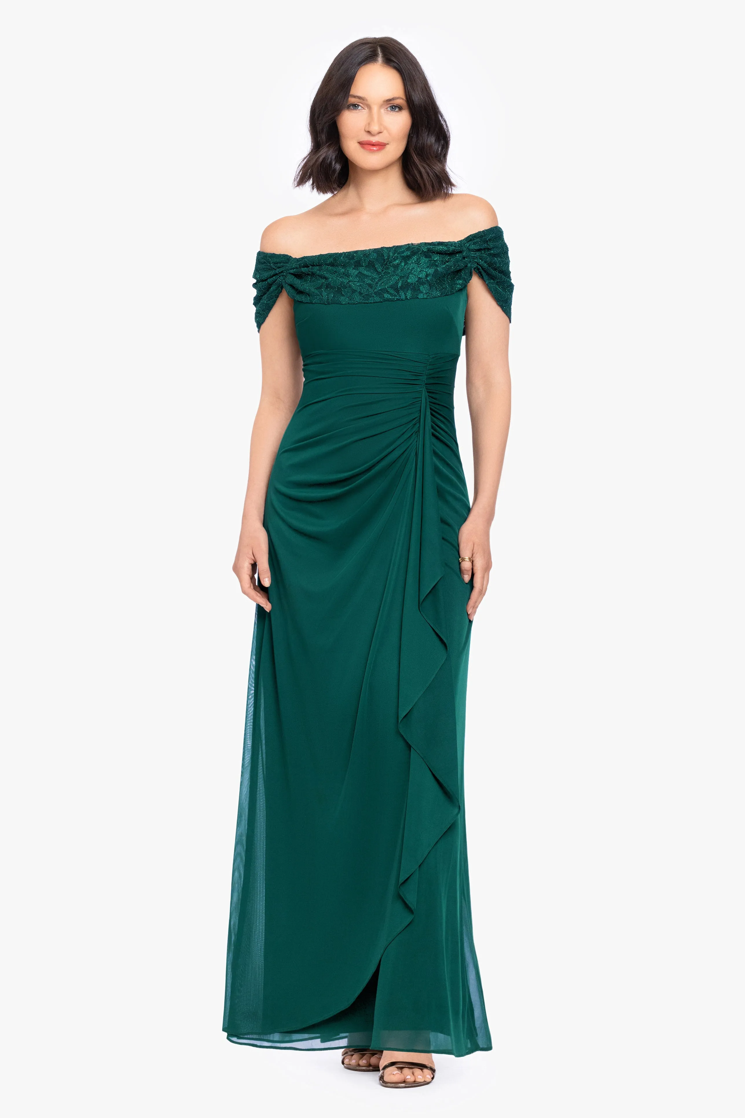 "Shailene" Sheer Matte Jersey & Glitter Lace Off The Shoulder Top Dress sold by Betsy & Adam