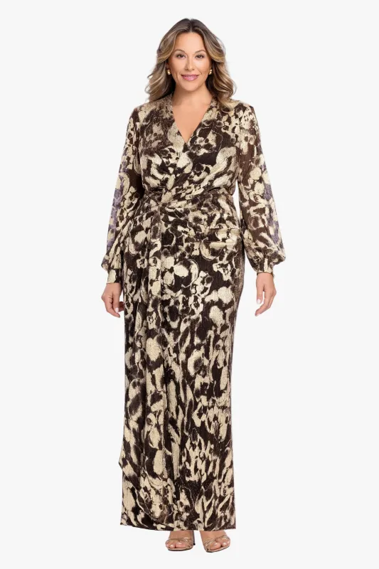 Plus "Bailey" Crinkle Metallic V-Neck Long Sleeve Dress made by Betsy & Adam