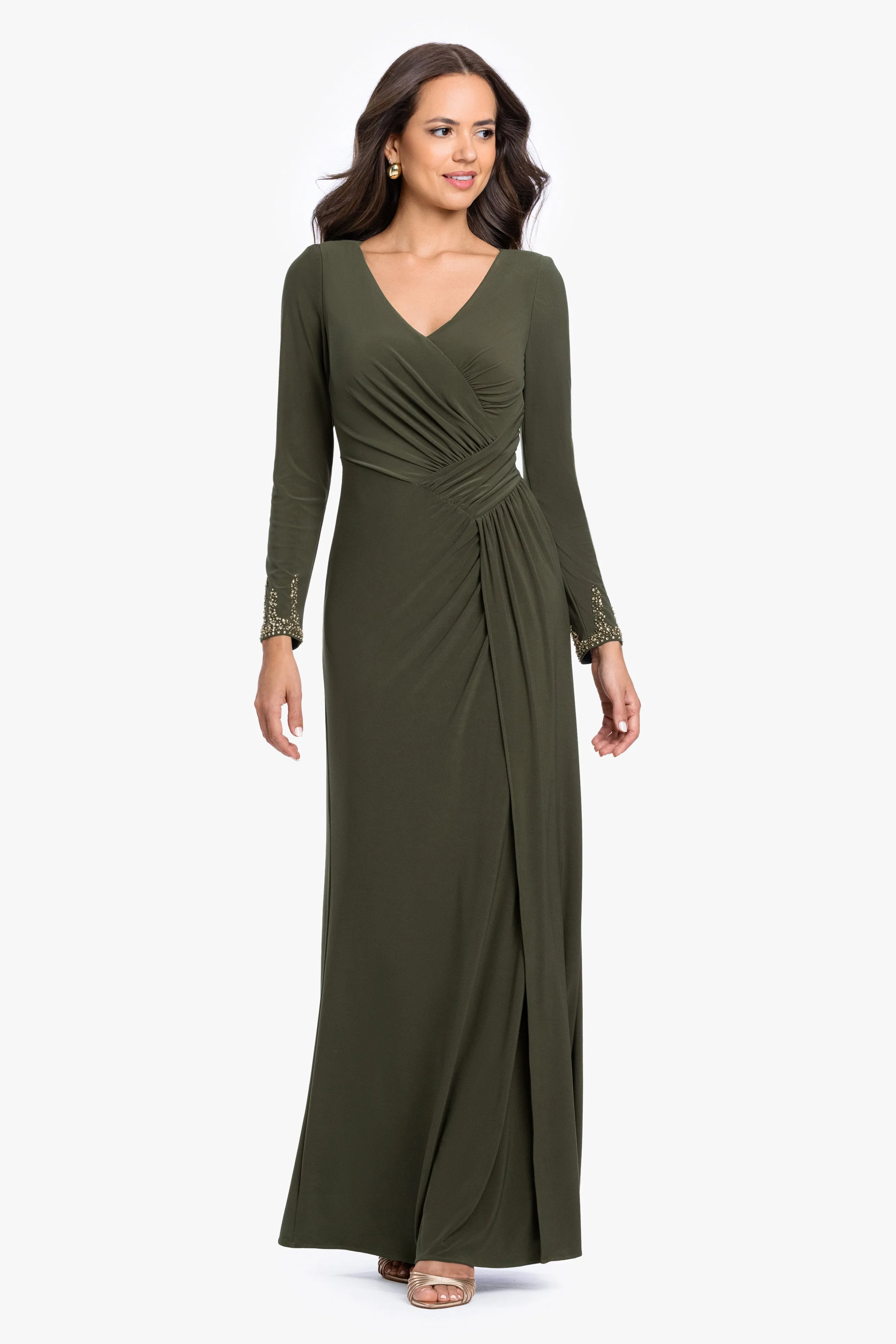 "Taryn" Jersey Knit V-Neck Beaded Long Sleeve Dress sold by Betsy & Adam