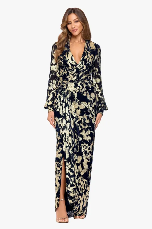 "Bailey" Crinkle Metallic V-Neck Long Sleeve Dress made by Betsy & Adam