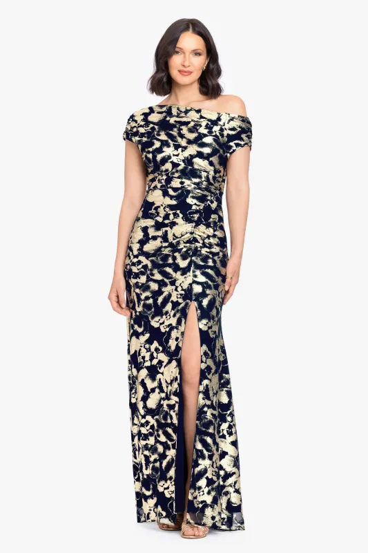 "Lauren" Foil Mesh Off The Shoulder Ruched Dress made by Betsy & Adam