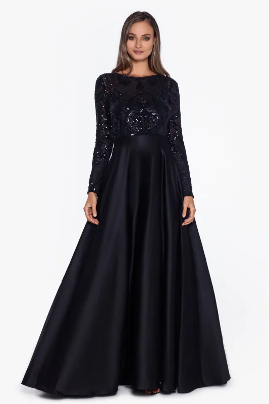 "Vanessa" Sequin Long Sleeve A-Line Ballgown made by Betsy & Adam
