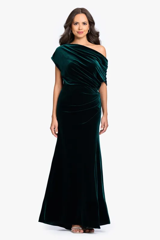 "Evie" Velvet Off The Shoulder Asymmetrical Dress made by Betsy & Adam