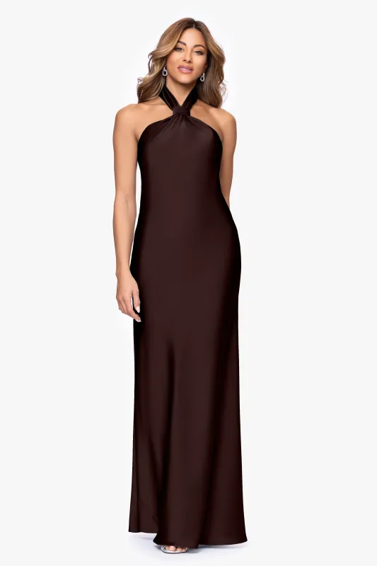 "Esmerelda" Satin Double Knotted Halter Neck Dress made by Betsy & Adam