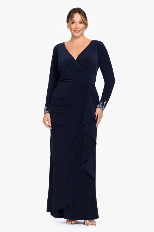 Plus "Lenora" Jersey Knit Beaded Long Sleeve V-Neck Dress made by Betsy & Adam