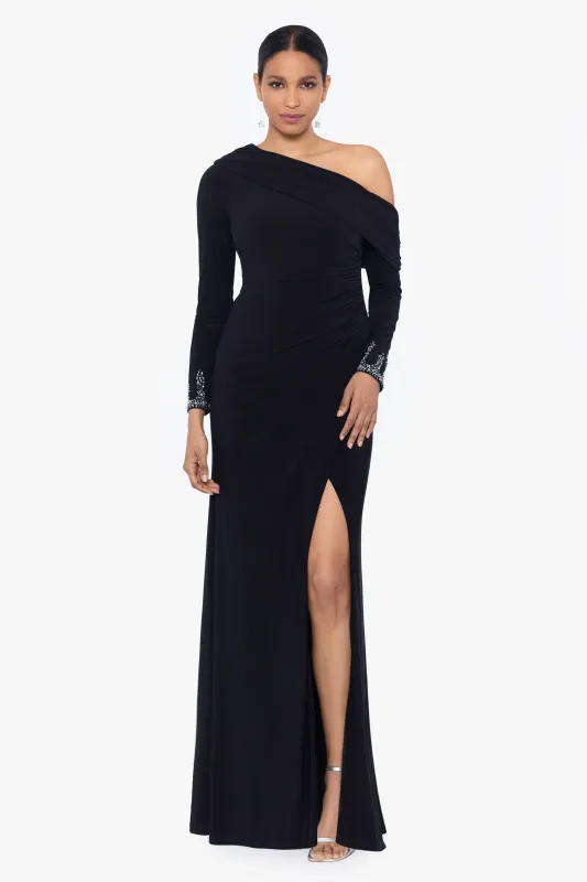 "Briar" Jersey Knit Off Shoulder Overlay Beaded Dress made by Betsy & Adam