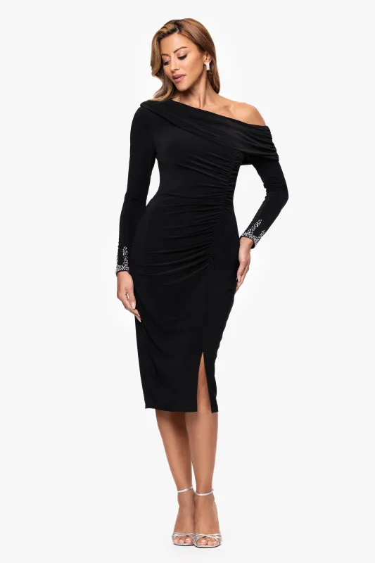 "Lydia" Jersey Knit Off The Shoulder Long Sleeve Silver Trim Midi Dress made by Betsy & Adam