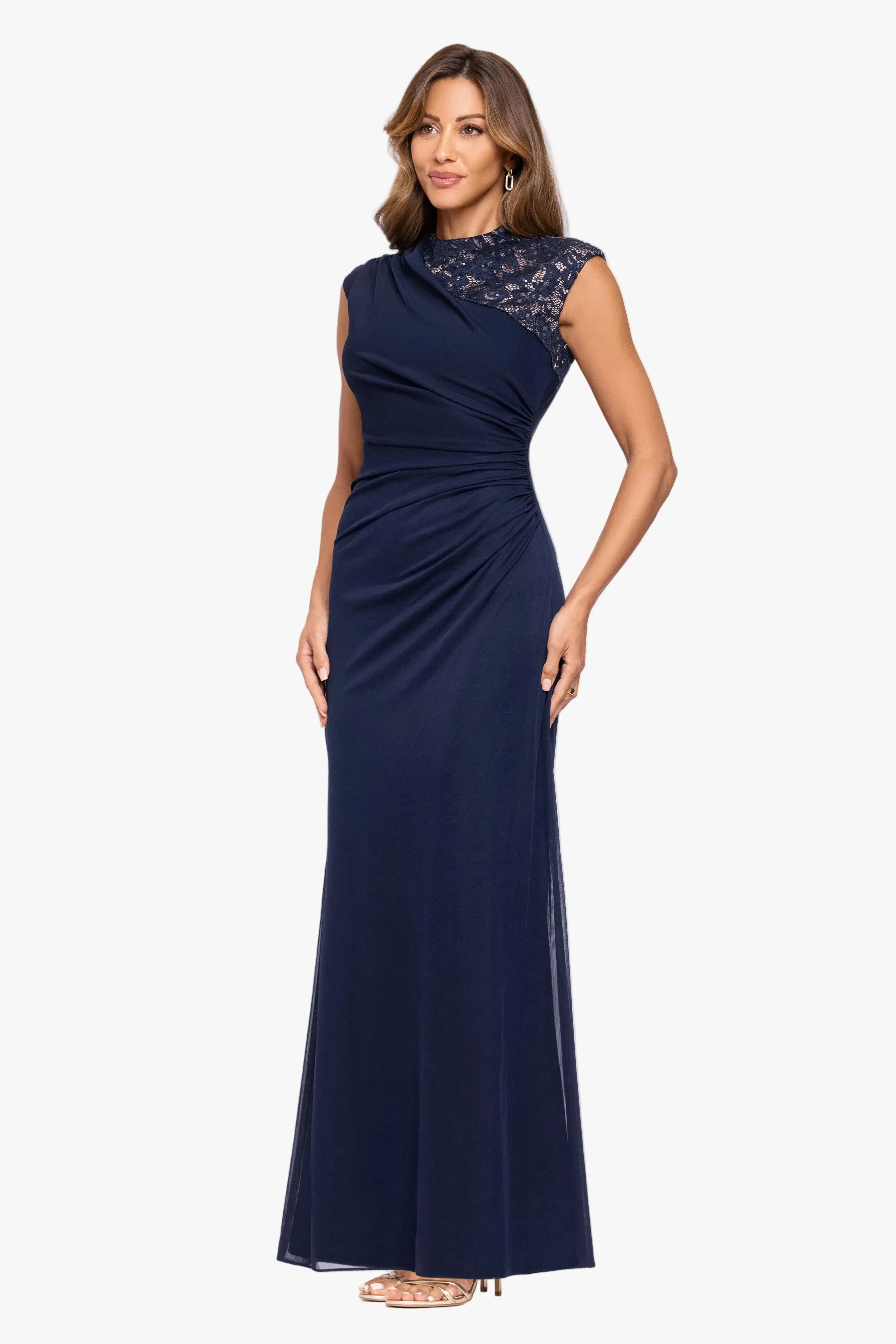 “Dayna” Sheer Matte Jersey Knit Lace Neck Ruched Dress sold by Betsy & Adam product image thumbnail 4