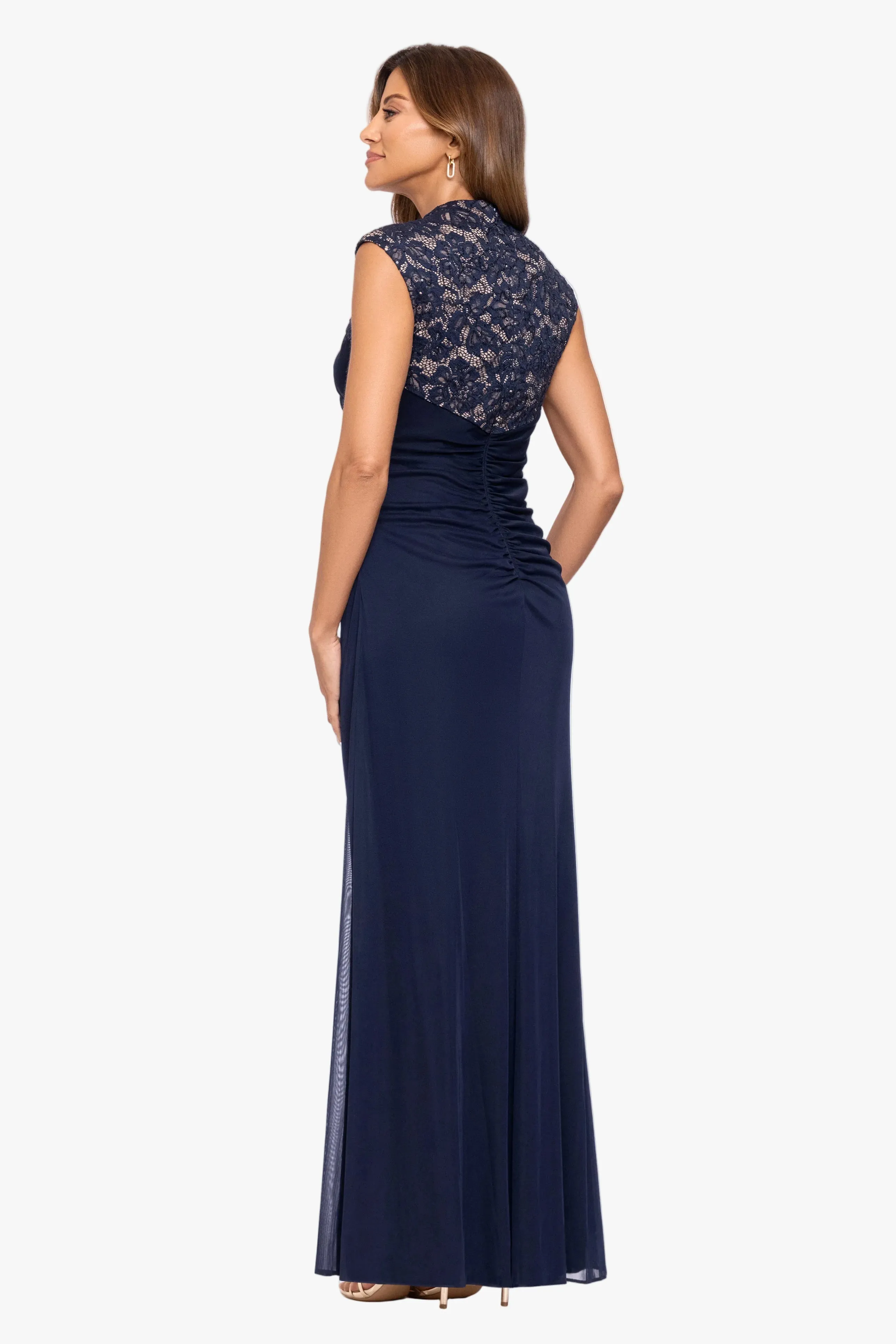 “Dayna” Sheer Matte Jersey Knit Lace Neck Ruched Dress sold by Betsy & Adam product image thumbnail 3