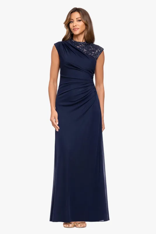 “Dayna” Sheer Matte Jersey Knit Lace Neck Ruched Dress made by Betsy & Adam