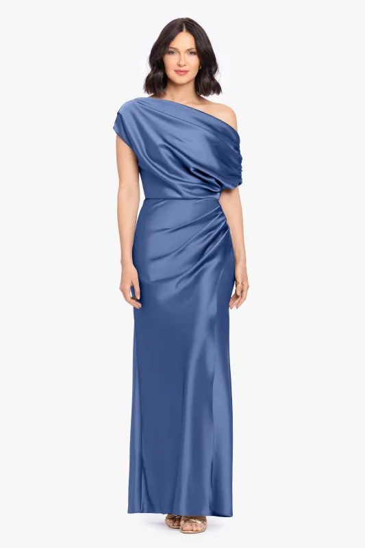 “Hailey” Double Faced Satin Off The Shoulder Ruched Dress made by Betsy & Adam