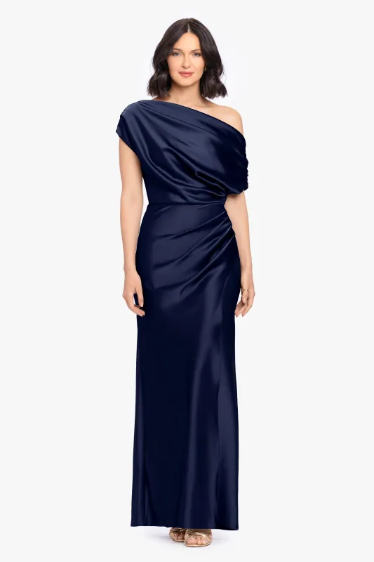 “Hailey” Double Faced Satin Off The Shoulder Ruched Dress made by Betsy & Adam
