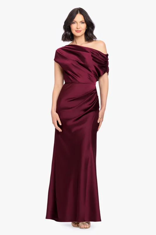 “Hailey” Double Faced Satin Off The Shoulder Ruched Dress made by Betsy & Adam