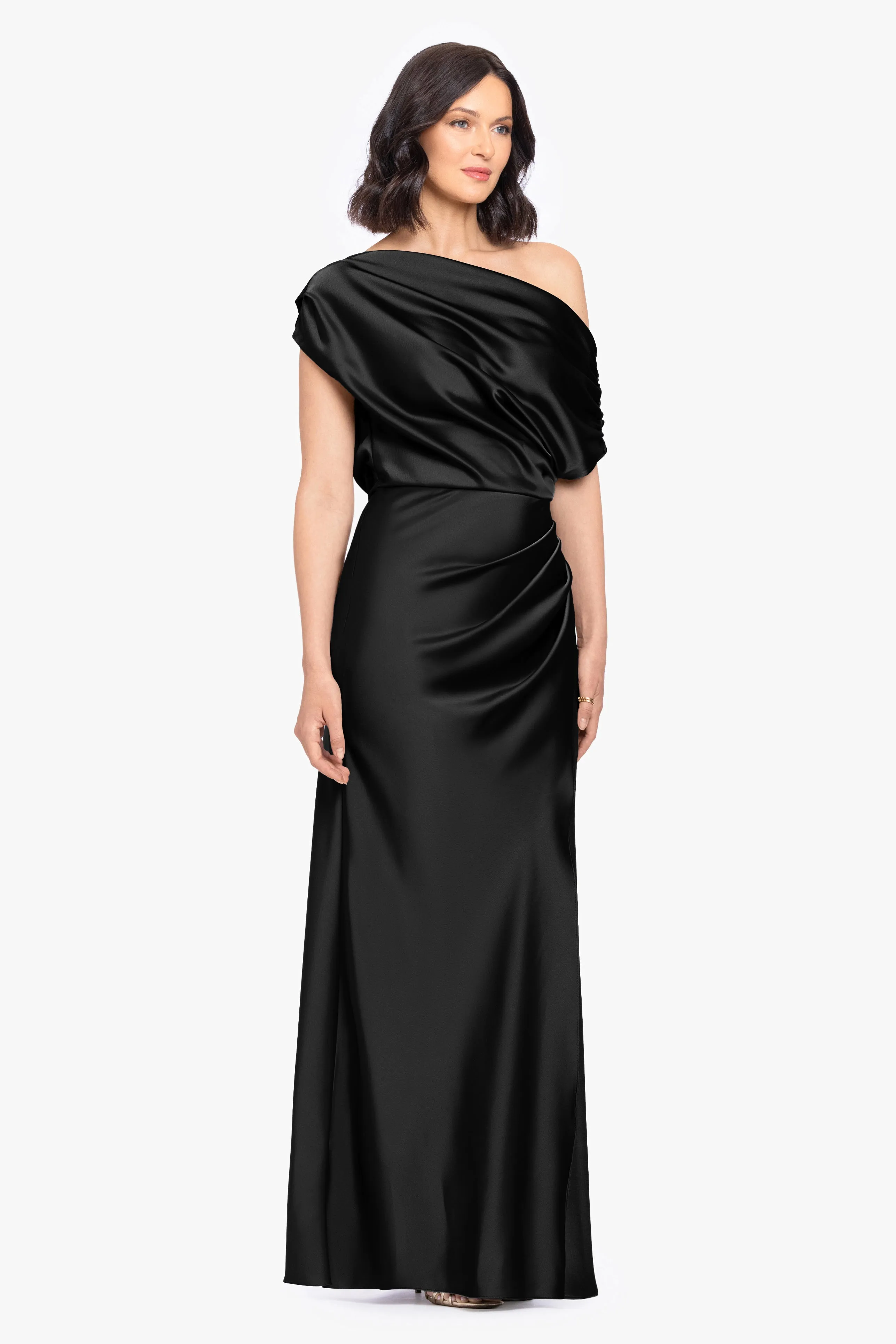 “Hailey” Double Faced Satin Off The Shoulder Ruched Dress sold by Betsy & Adam product image thumbnail 4