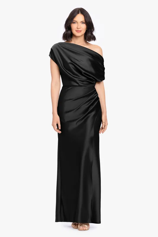 “Hailey” Double Faced Satin Off The Shoulder Ruched Dress made by Betsy & Adam