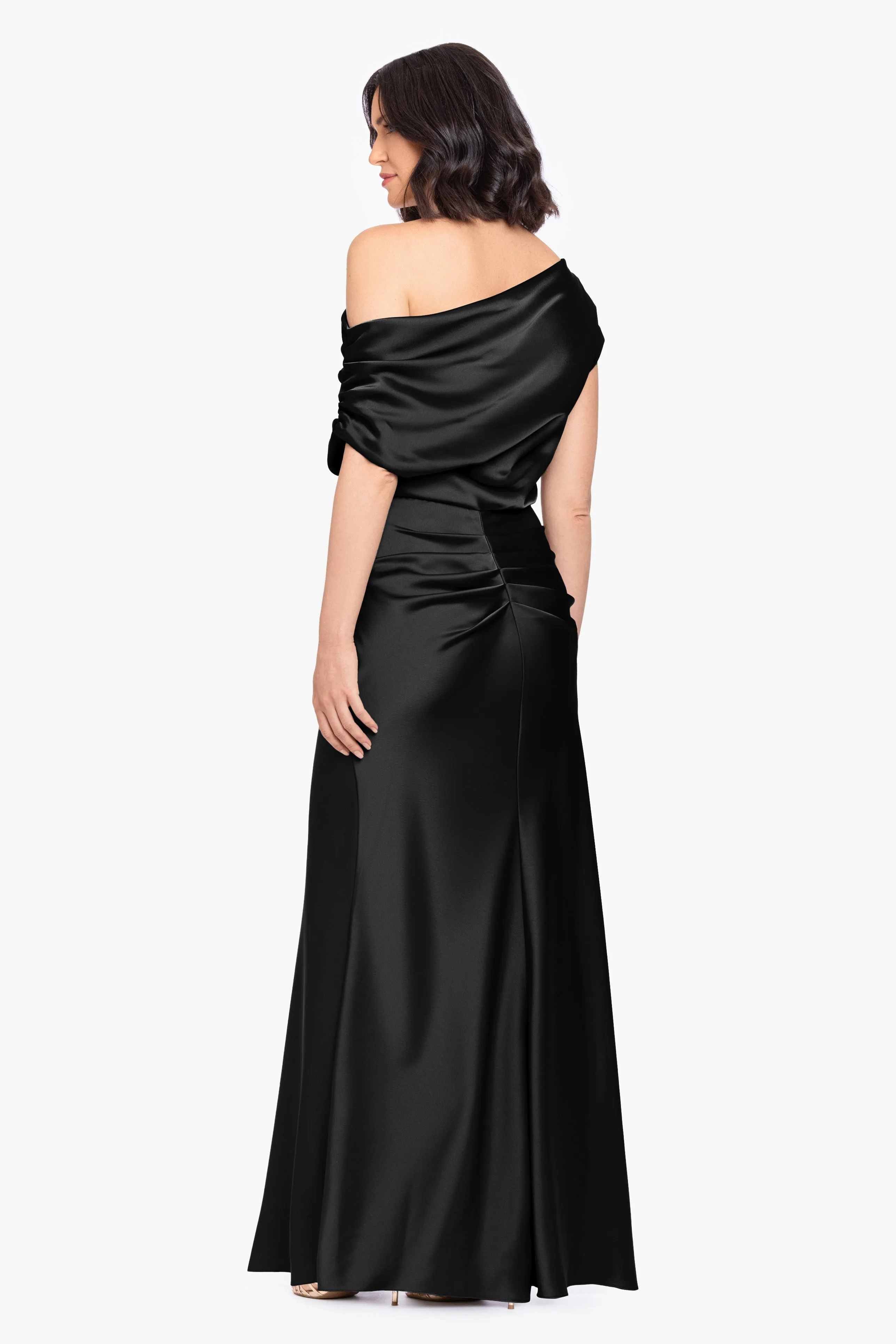 “Hailey” Double Faced Satin Off The Shoulder Ruched Dress sold by Betsy & Adam product image thumbnail 3