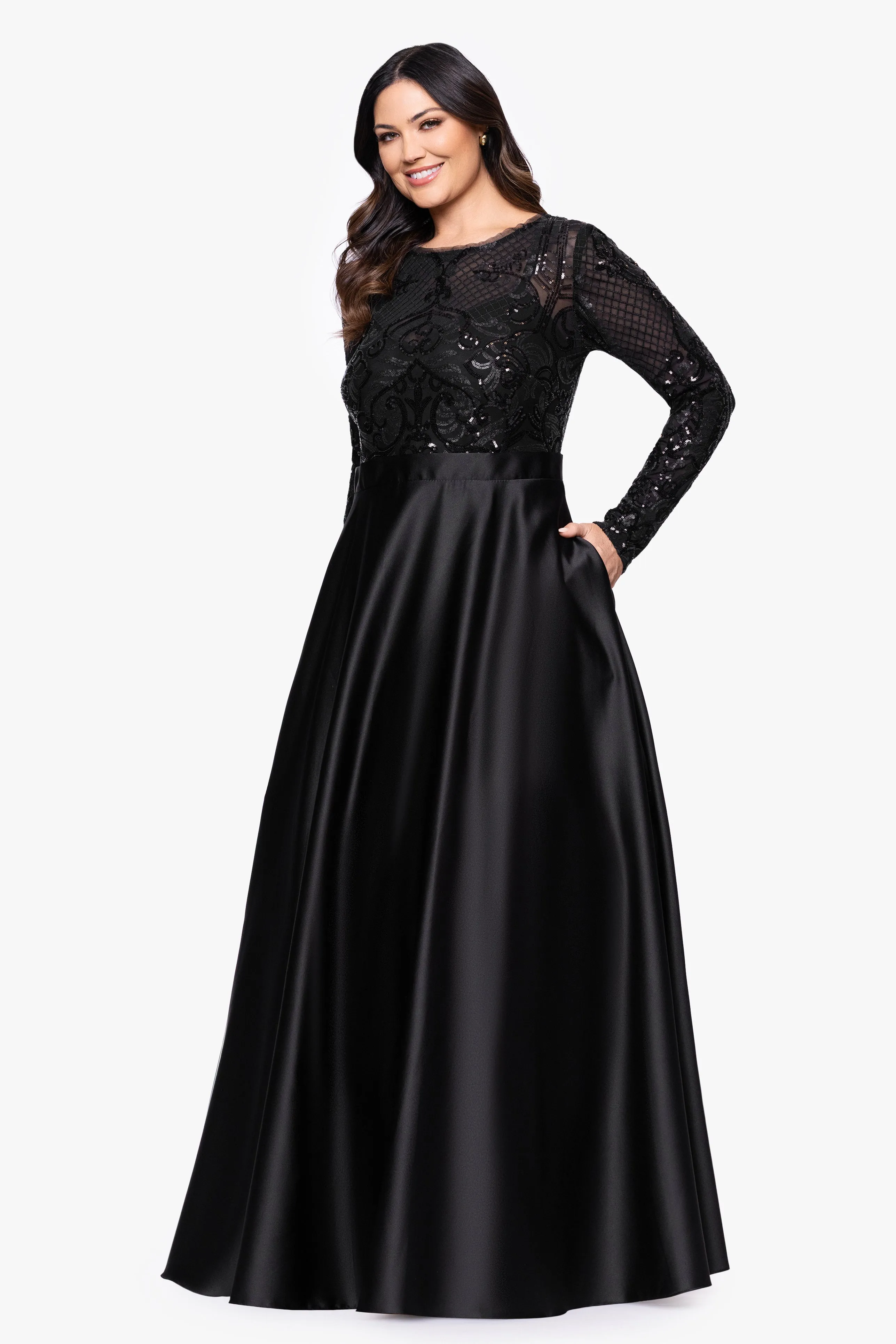 Plus "Vanessa" Sequin Long Sleeve A-Line Ballgown sold by Betsy & Adam product image thumbnail 4