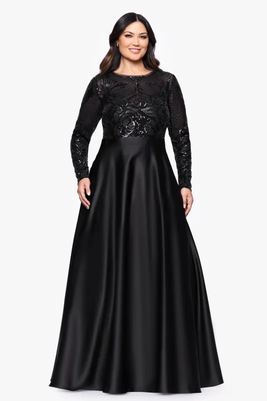 Plus "Vanessa" Sequin Long Sleeve A-Line Ballgown made by Betsy & Adam