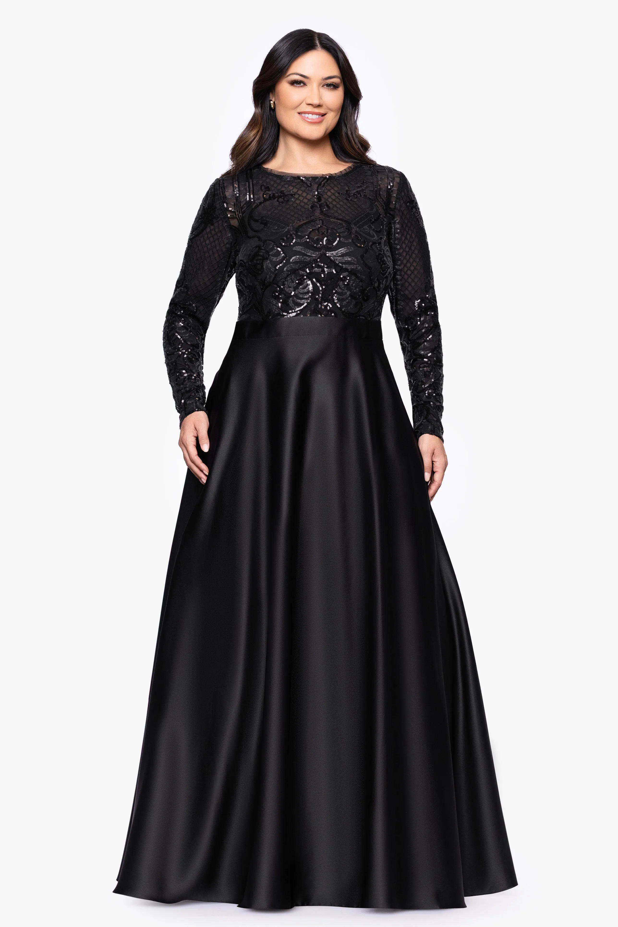 Plus "Vanessa" Sequin Long Sleeve A-Line Ballgown sold by Betsy & Adam