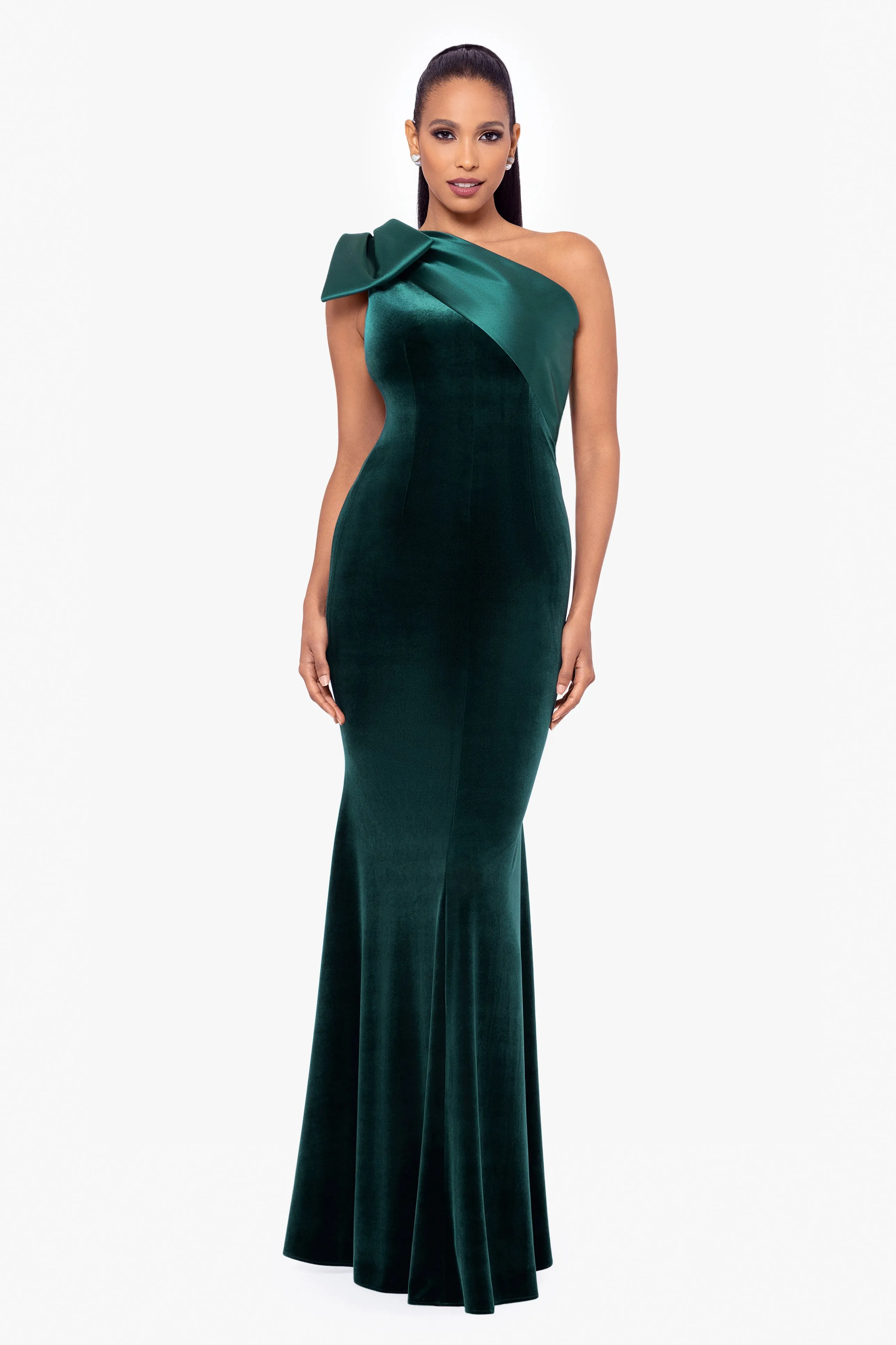 "Elena" Velvet One Shoulder & Mikado Bow Dress sold by Betsy & Adam