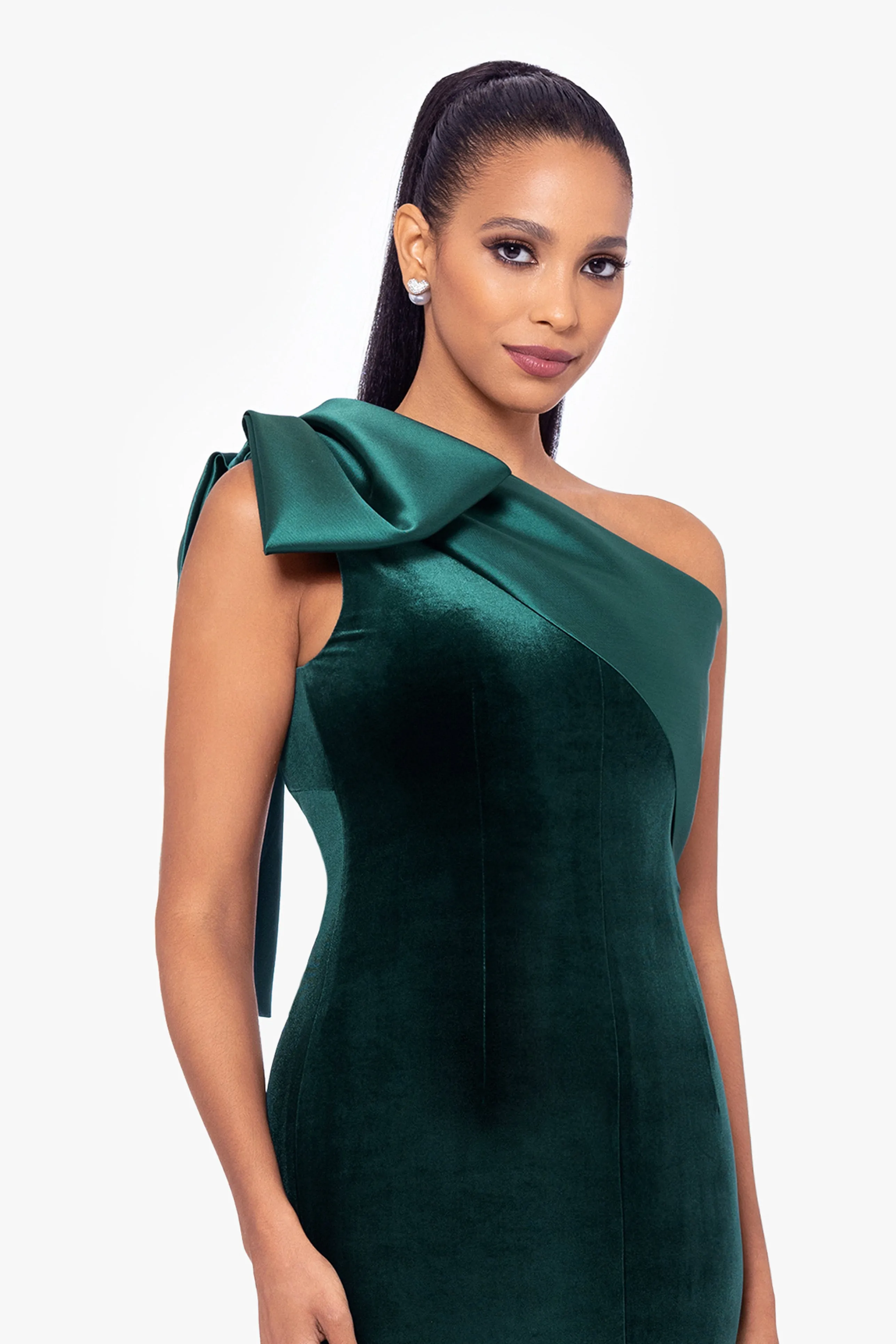 "Elena" Velvet One Shoulder & Mikado Bow Dress sold by Betsy & Adam product image thumbnail 2