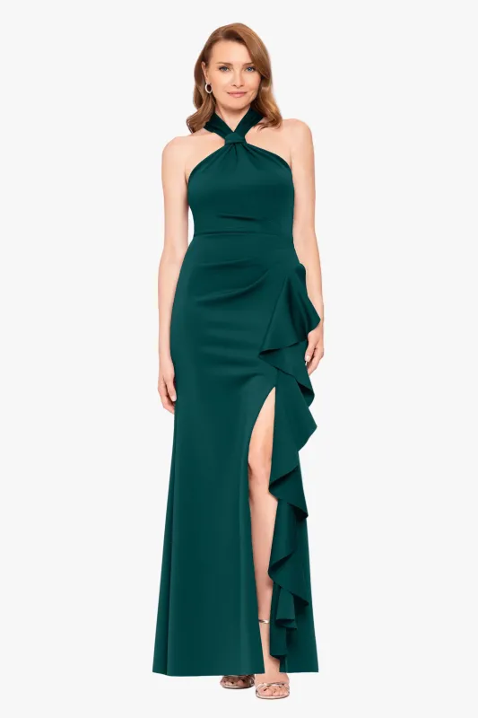 "Hazel" Scuba Crepe Knotted Neck Side Ruffle Dress made by Betsy & Adam