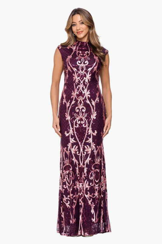 "Gerri" Placement Sequin Mock Neckline Dress made by Betsy & Adam