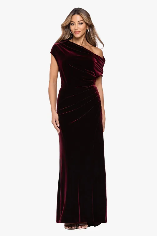 "Evie" Velvet Off The Shoulder Asymmetrical Dress made by Betsy & Adam