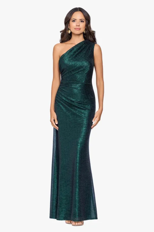 "Avril" Metallic One Shoulder Ruched Dress made by Betsy & Adam