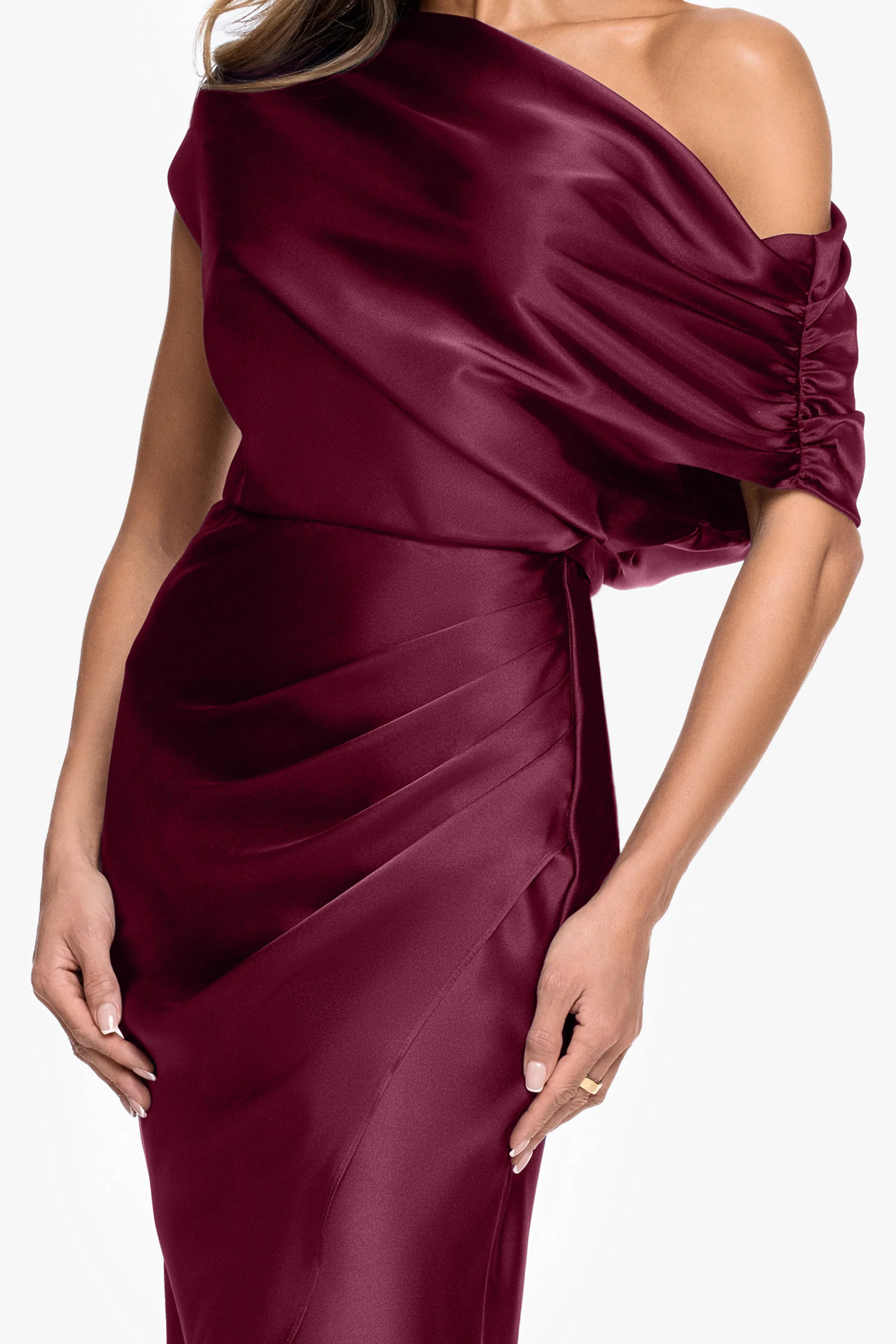 "Macy" Satin Off The Shoulder Ruched Short Dress sold by Betsy & Adam product image thumbnail 2