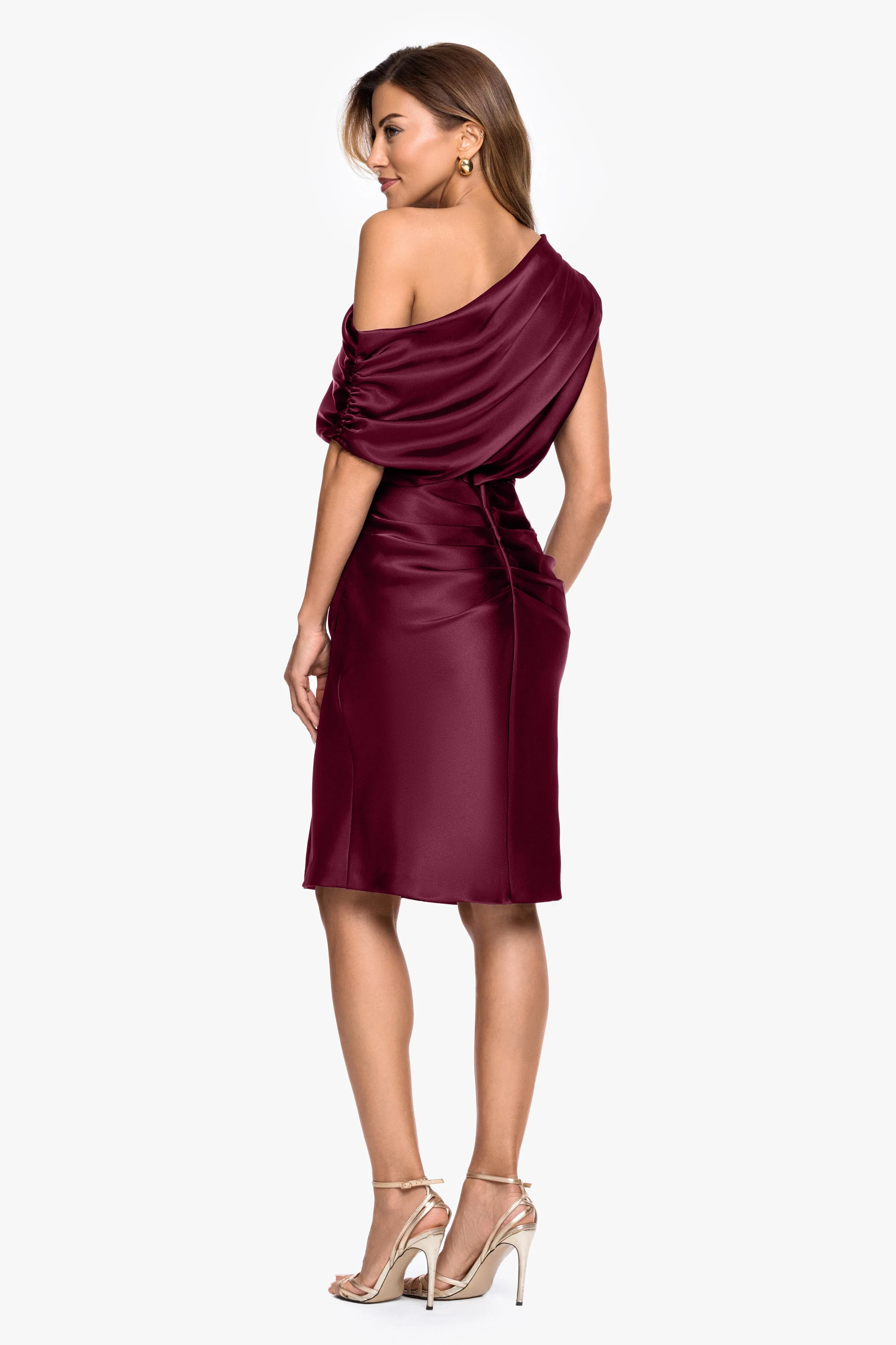 "Macy" Satin Off The Shoulder Ruched Short Dress sold by Betsy & Adam product image thumbnail 3