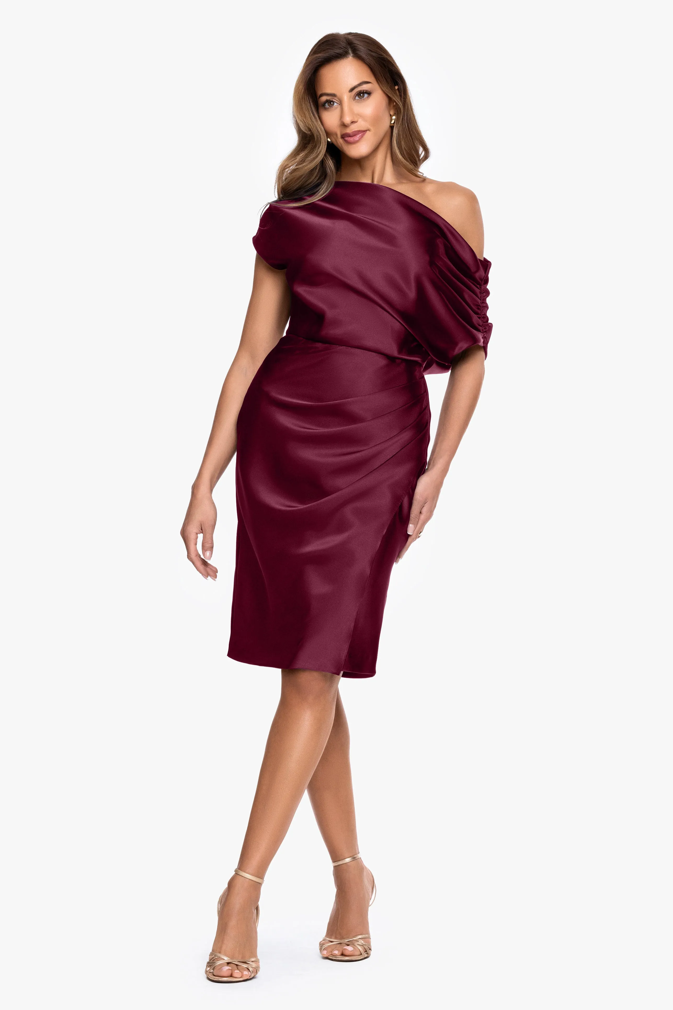 "Macy" Satin Off The Shoulder Ruched Short Dress sold by Betsy & Adam