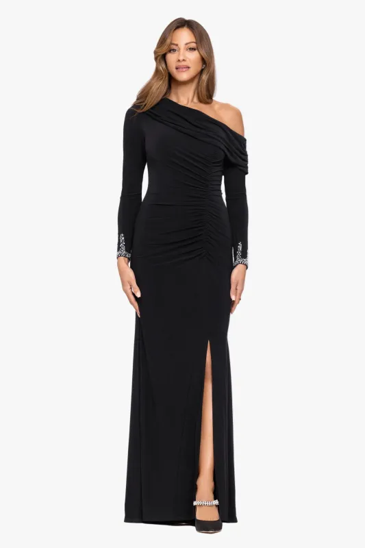 "Tamara" Jersey Knit Off The Shoulder Long Beaded Sleeve Dress made by Betsy & Adam