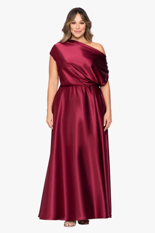 Plus "Soley" Charmeuse Off Shoulder Ruched Gown made by Betsy & Adam