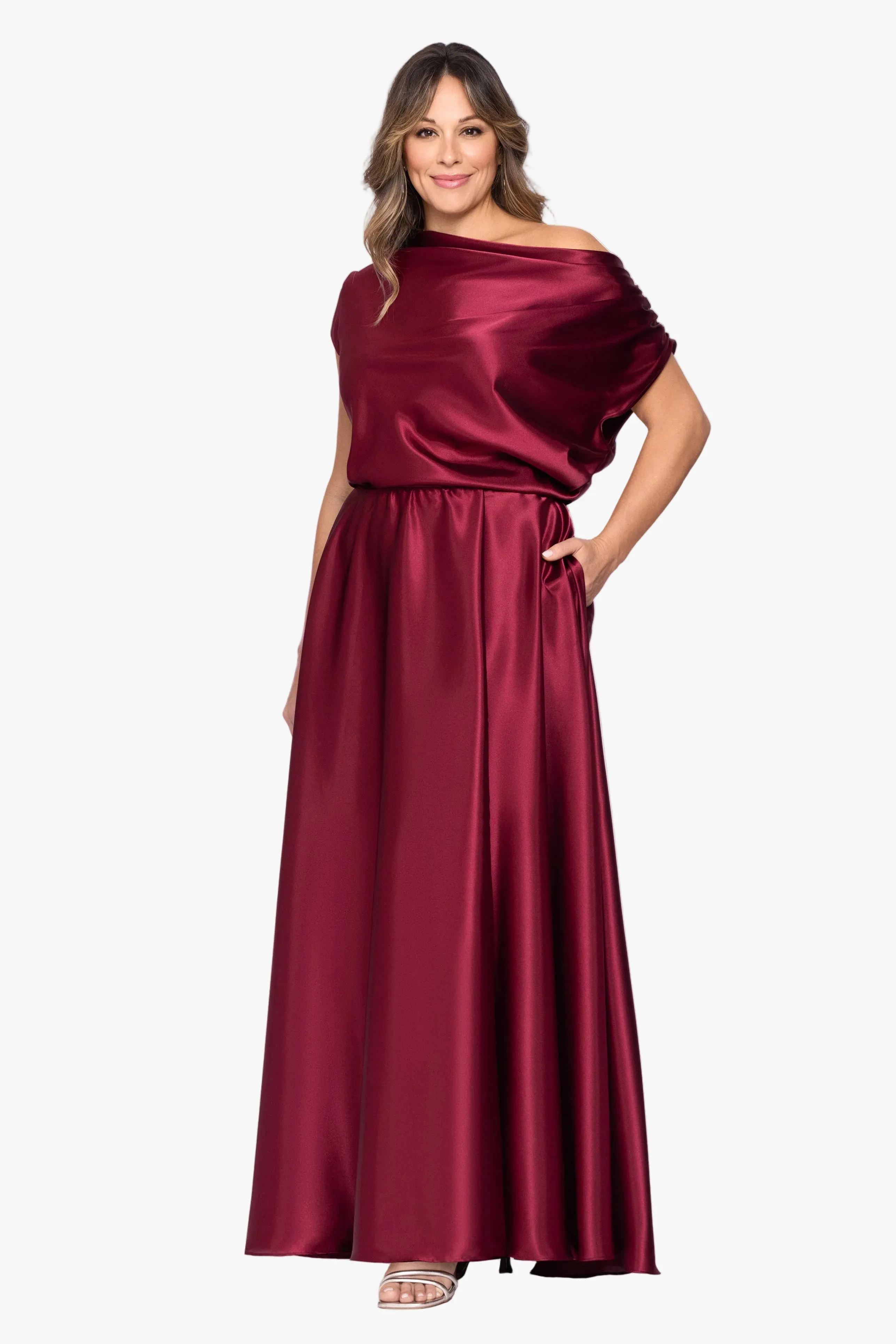 Plus "Soley" Charmeuse Off Shoulder Ruched Gown sold by Betsy & Adam product image thumbnail 4