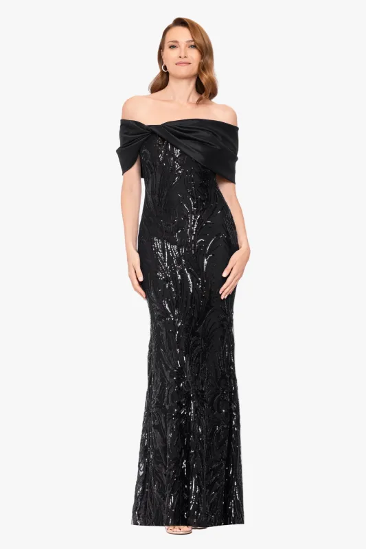 "Breezy" Sequin Off Shoulder Taffeta Twist Dress made by Betsy & Adam