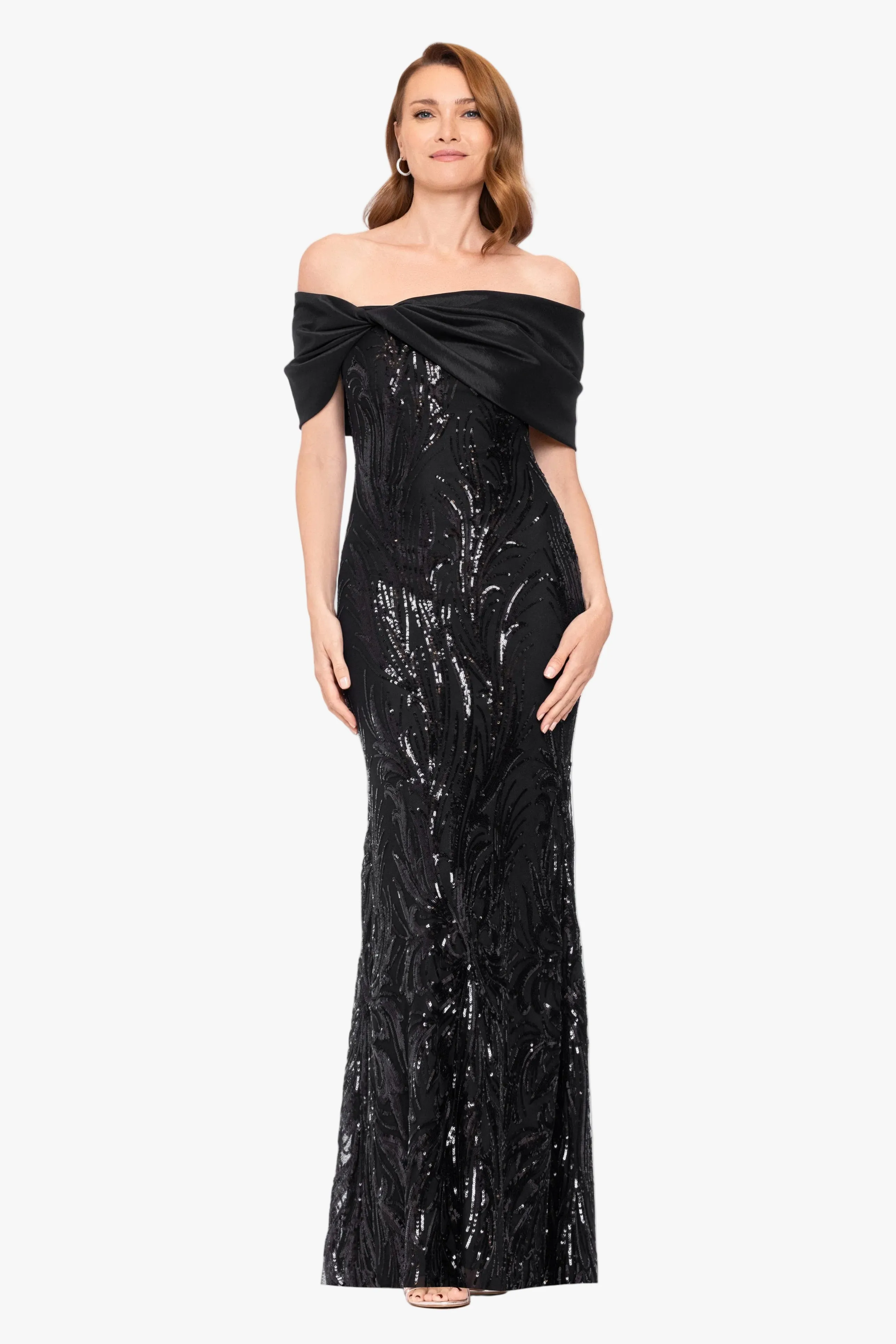 "Breezy" Sequin Off Shoulder Taffeta Twist Dress sold by Betsy & Adam