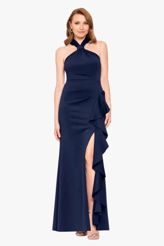 Petite "Hazel" Scuba Crepe Knotted Neck Side Ruffle Dress made by Betsy & Adam