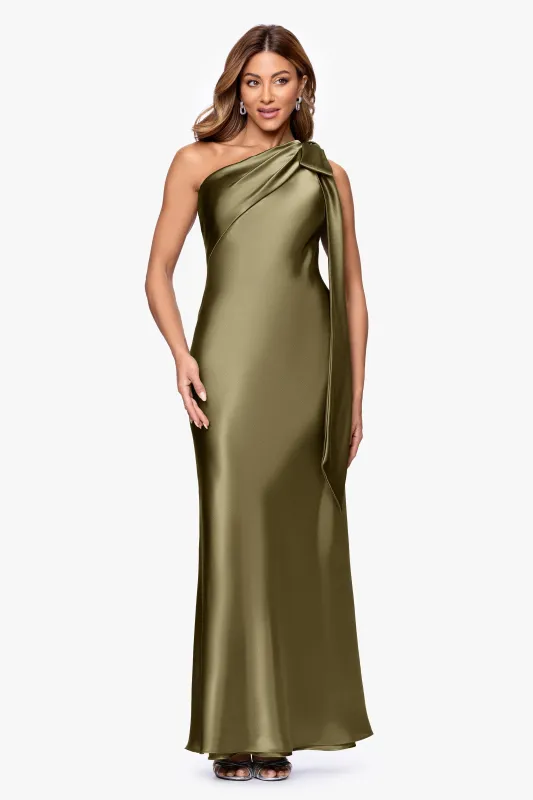 Petite "Dove" Satin One Shoulder Bow Dress made by Betsy & Adam