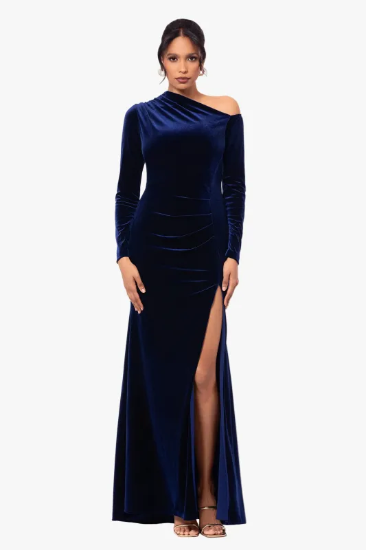 "Annette" Velvet Off Shoulder Long Sleeve Dress made by Betsy & Adam