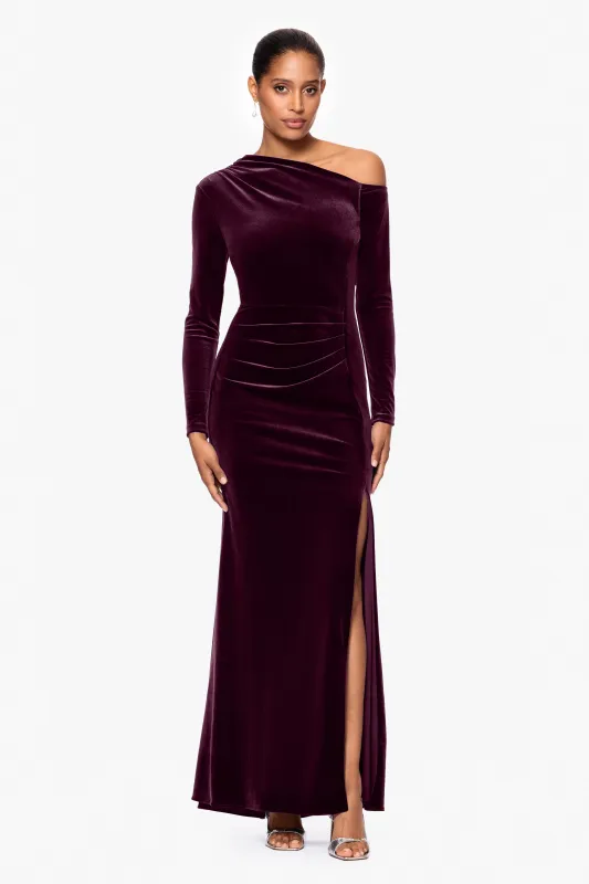 "Annette" Velvet Off Shoulder Long Sleeve Dress made by Betsy & Adam