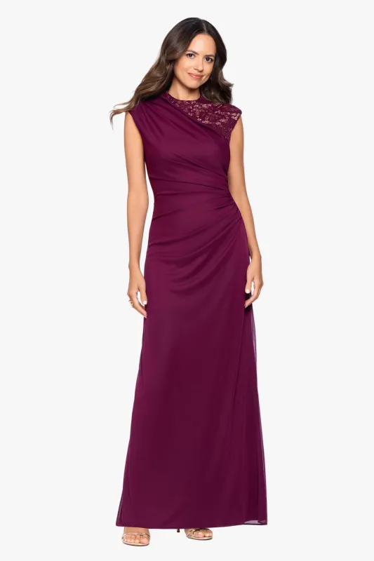 “Dayna” Sheer Matte Jersey Knit Lace Neck Ruched Dress made by Betsy & Adam